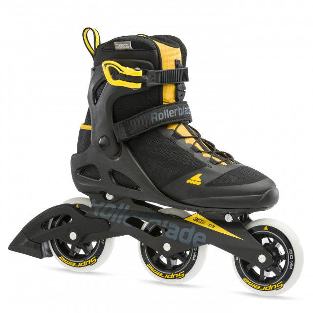 MACROBLADE 100 3WD MENS ADULT FITNESS INLINE SKATE, BLACK AND SAFFRON YELLOW, PERFORMANCE INLINE SKATES