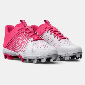KIDS' UA LEADOFF LOW RM JR. BASEBALL CLEAT - WHITE/CERISE